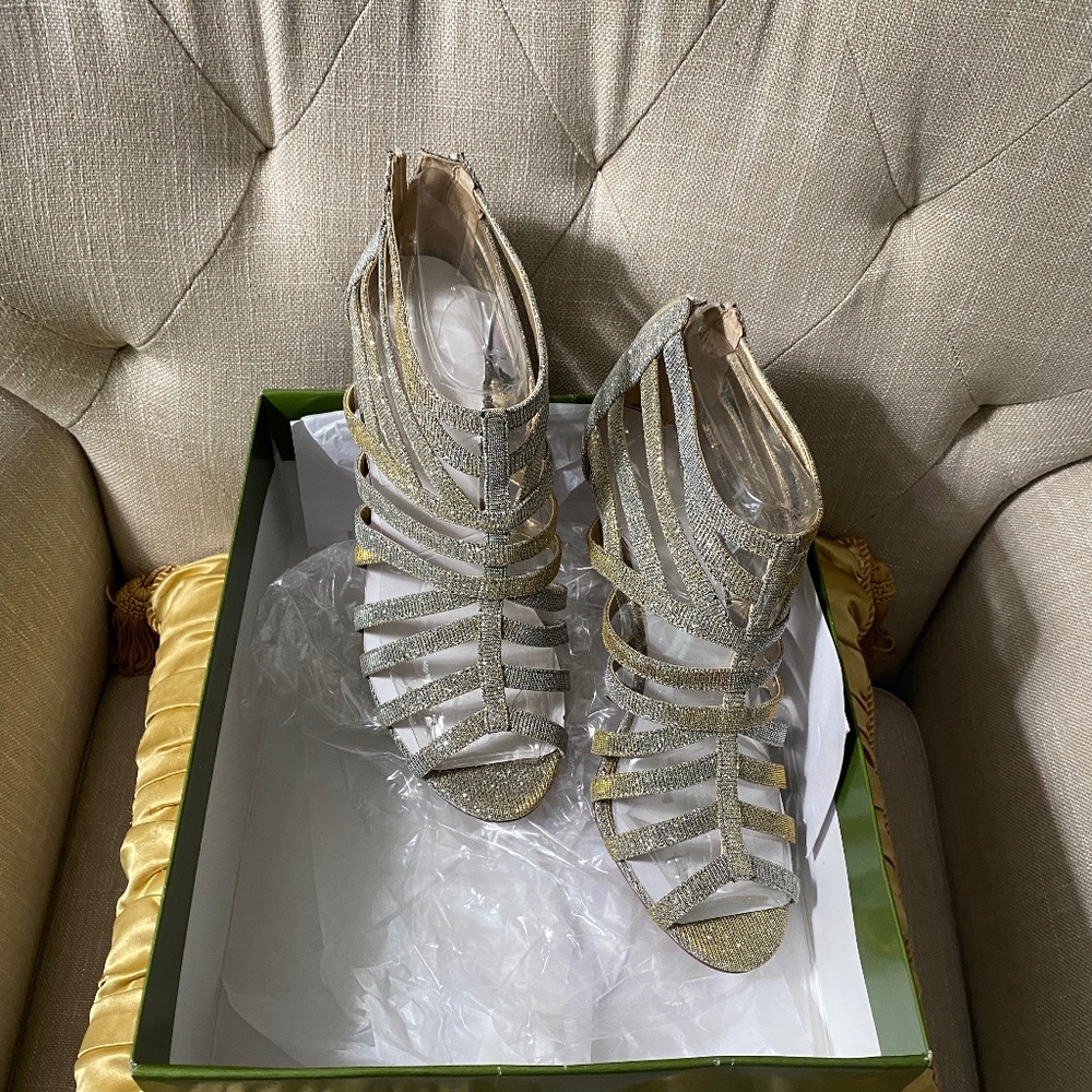 New Coach and Four Size 10 Gold/Silver Shimmer Gladiator Sandals